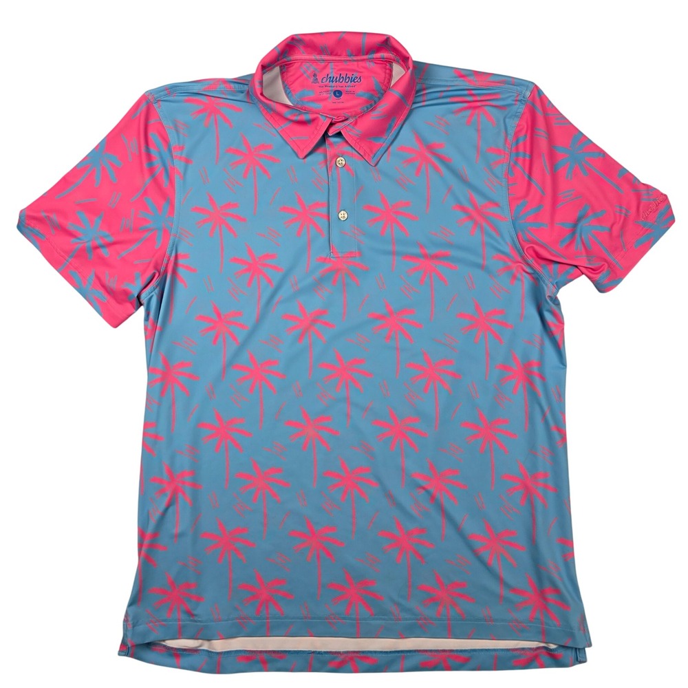 Chubbies Men's Palm Tree Print Golf Polo Shirt Blue Pink Short Sleeve Size Large